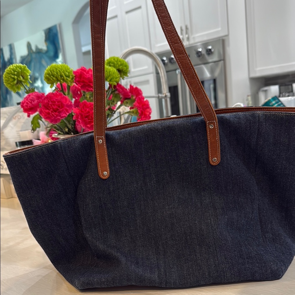 Stylish  SAS brand Denim Tote Bag with Brown  leather Accents